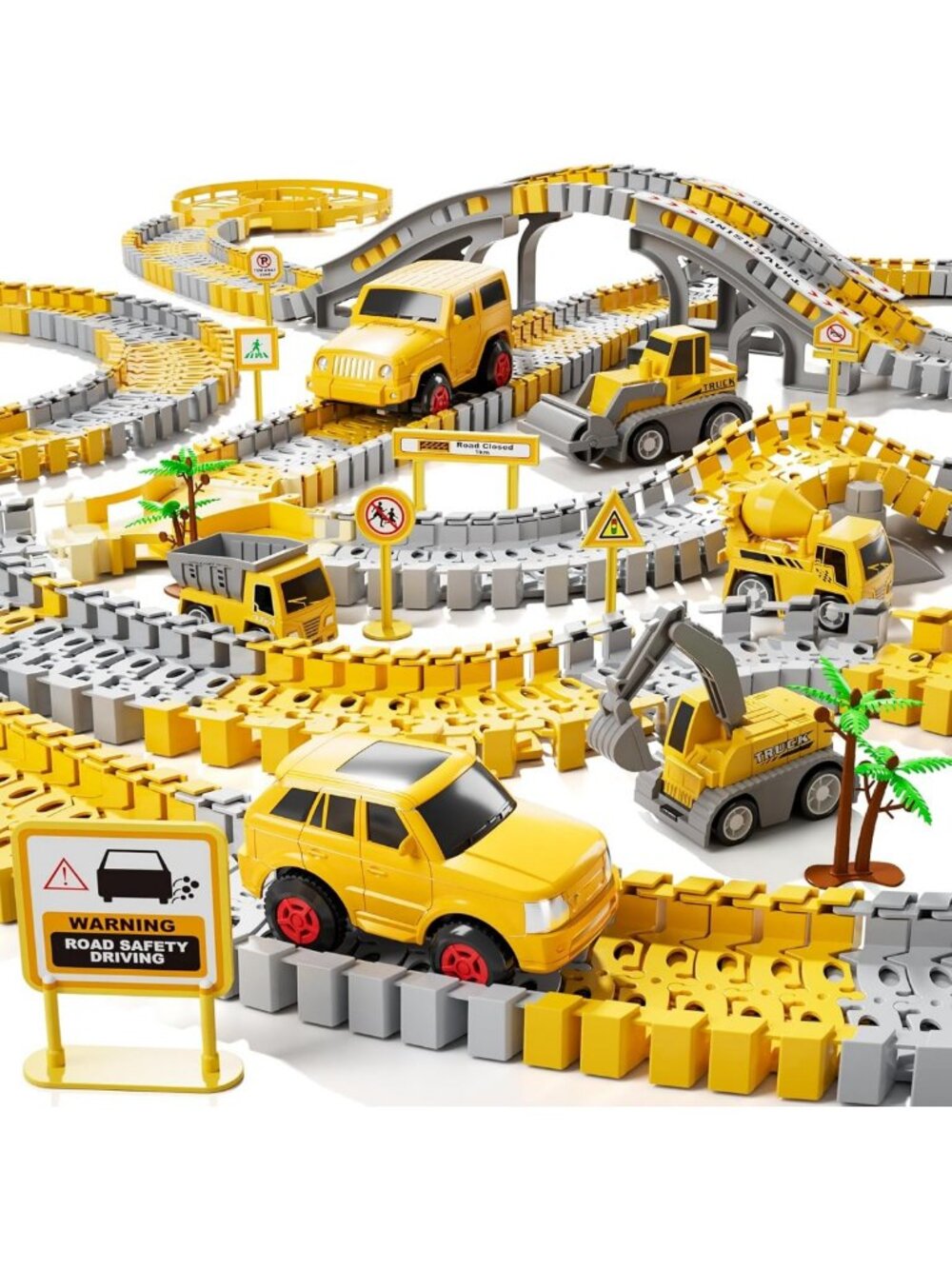 Electric Race Track Set for Toddlers - 2 Cars & 4 Construction Trucks, Gift for